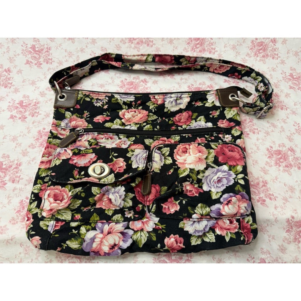 Black Floral Rose Crossbody Purse Pink Purple Multi Pocket Bag 11x14